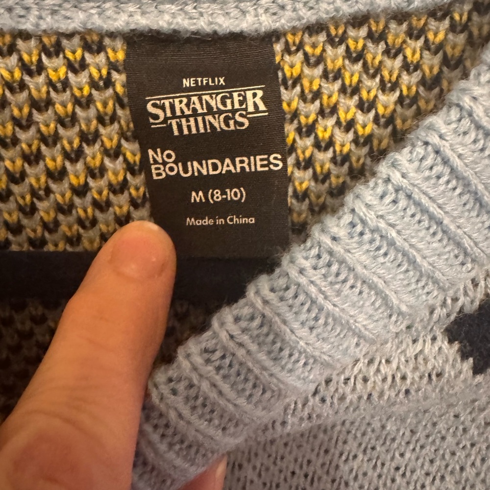 NWT Stranger Things Season 5 Erica Scottie Dog Sweater M Blue No Boundaries - Picture 5 of 10